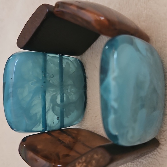 Vtg Marbled Lucite Wood Beaded Chunky Wide Stretch Bracelet - Picture 7 of 7